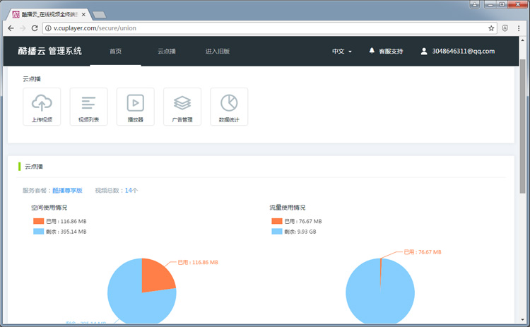 登录成功，就会看到以下这样的酷播云播放器的管理平台